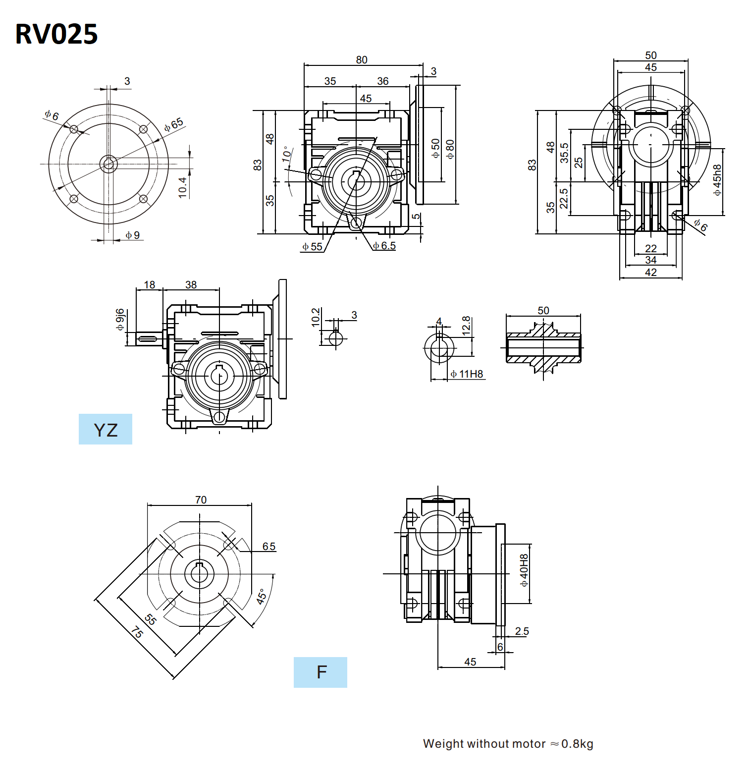 Przekładnia ślimakowa NATECH DRIVE RV025 i=10, IEC 56 B14, d1=9, regular grey