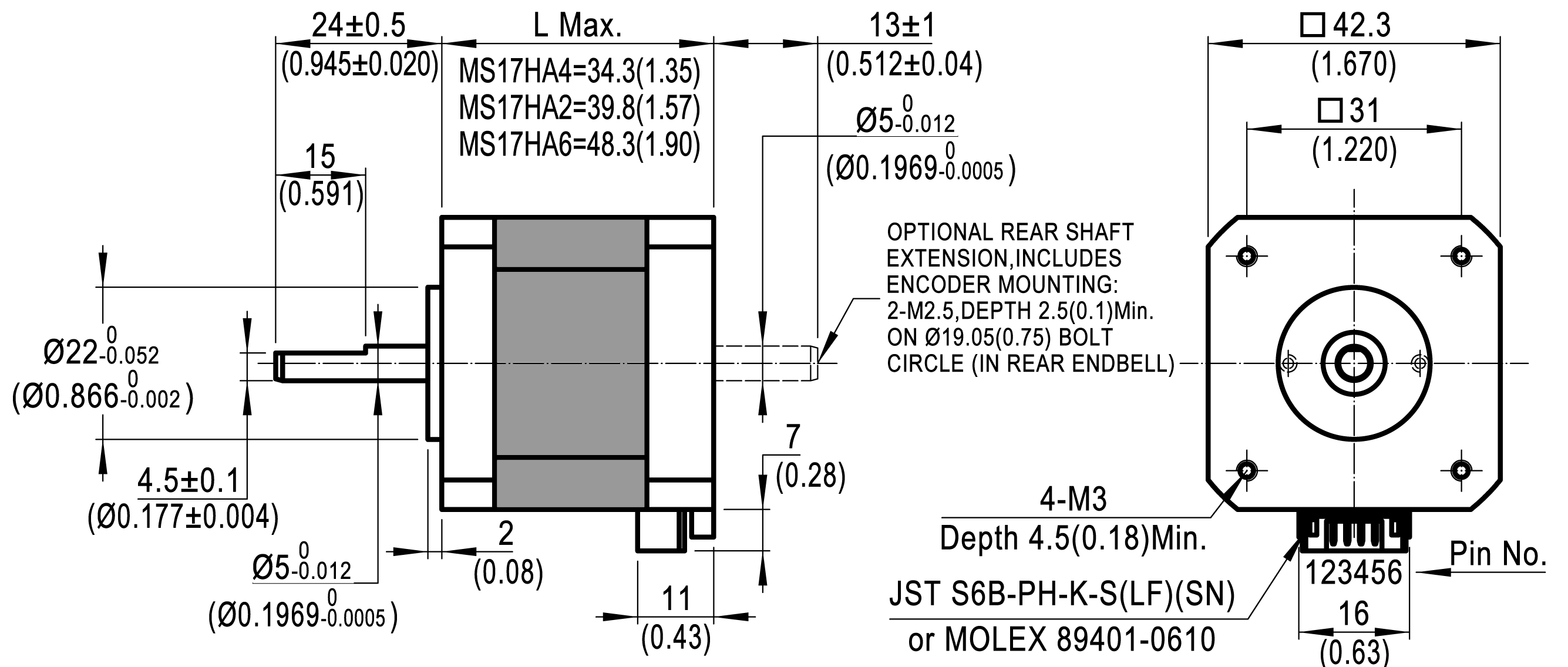 Silnik krokowy MOONS' MS17HA4P4100 0,30Nm 1A 0,9deg - obrazek 3